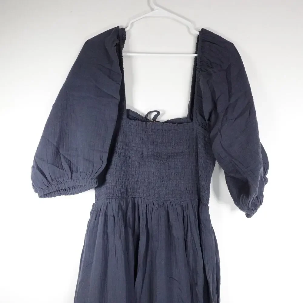 New Quince Small Indigo Blue Organic Cotton Gauze Smocked Square Neck Midi Dress